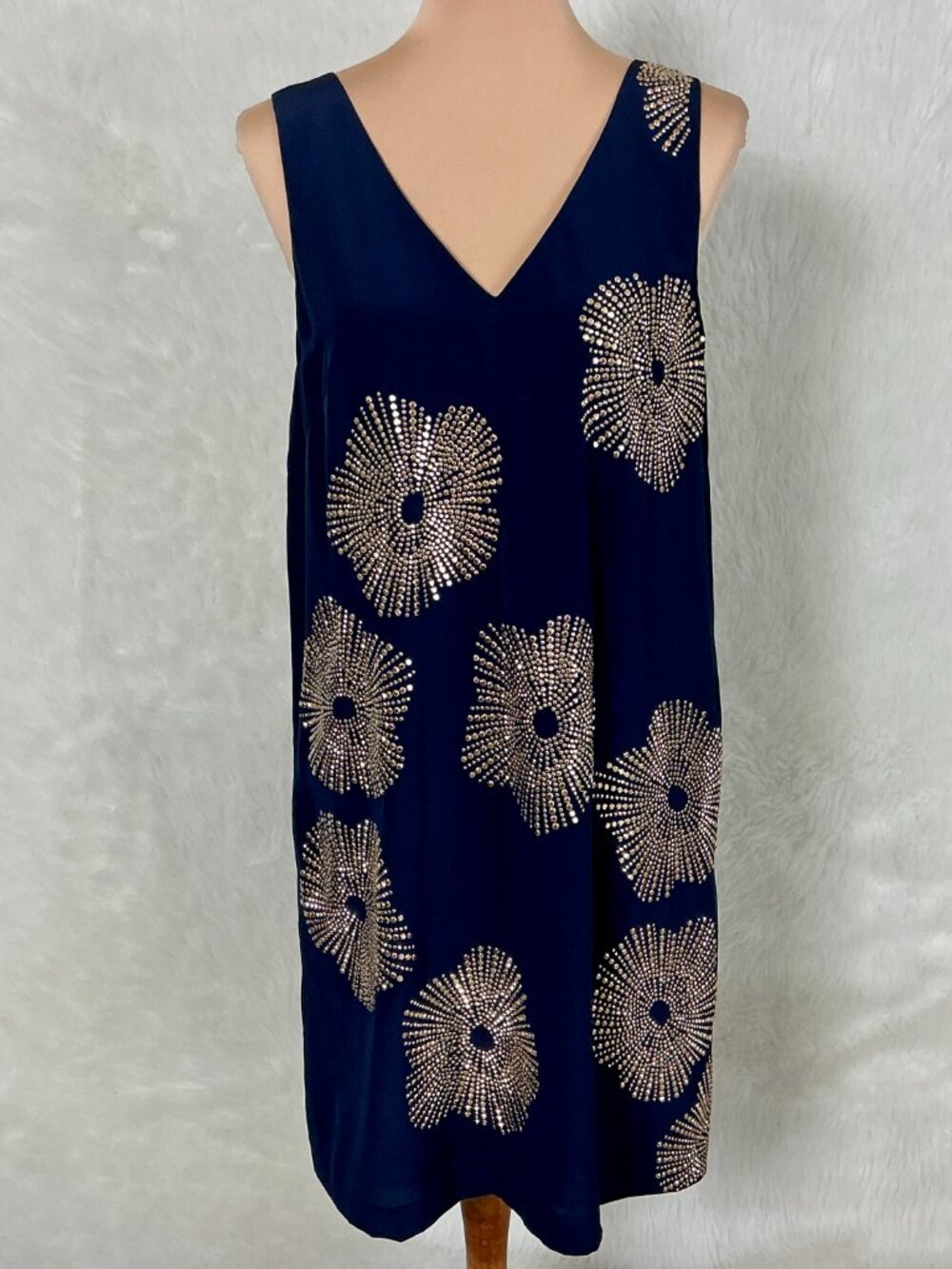 Trina Turk Glitterati Sleeveless Blue Silk Gold Stud Starburst Mini Dress 8